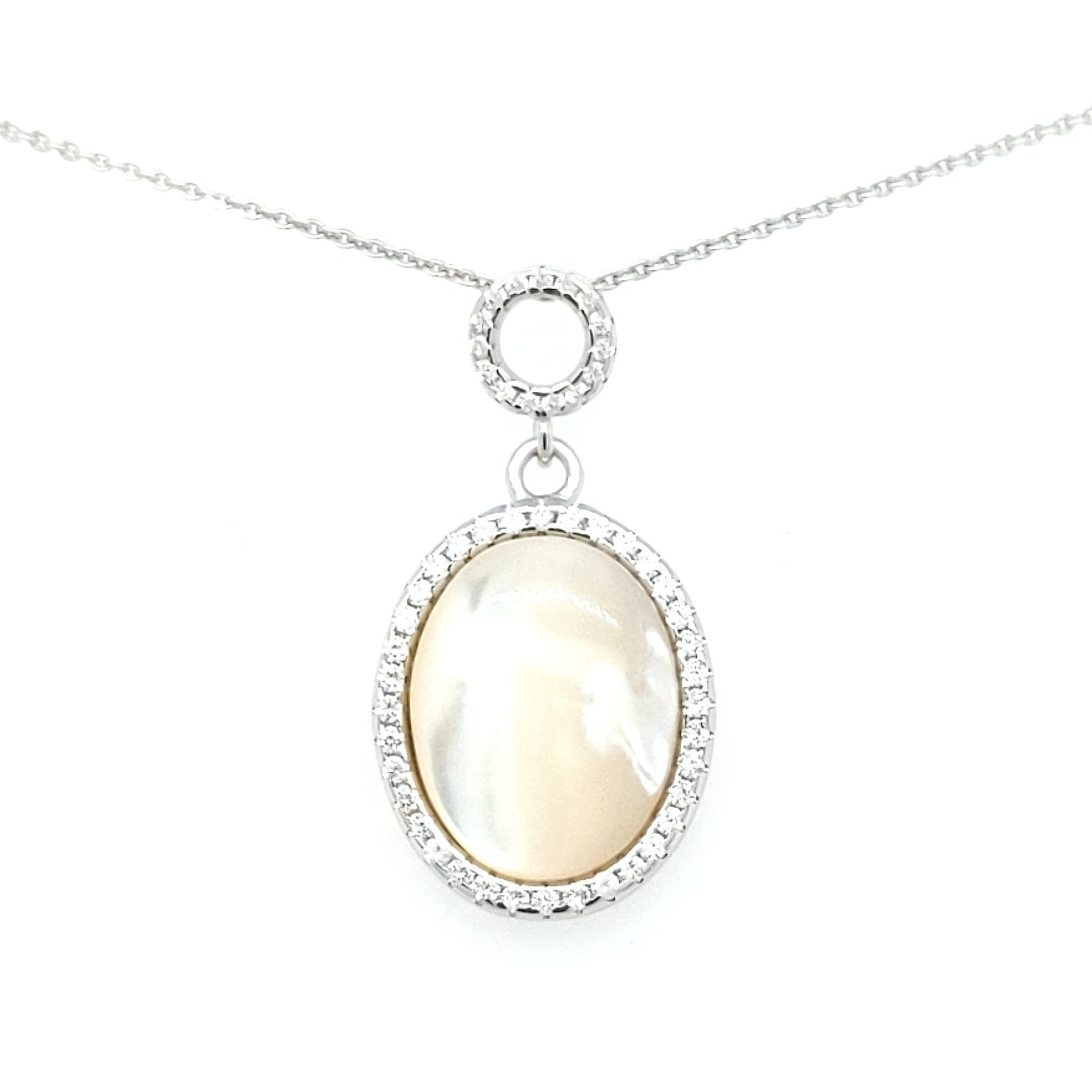 Sterling Silver Mother of Pearl With CZs Oval Pendant - HK Jewels