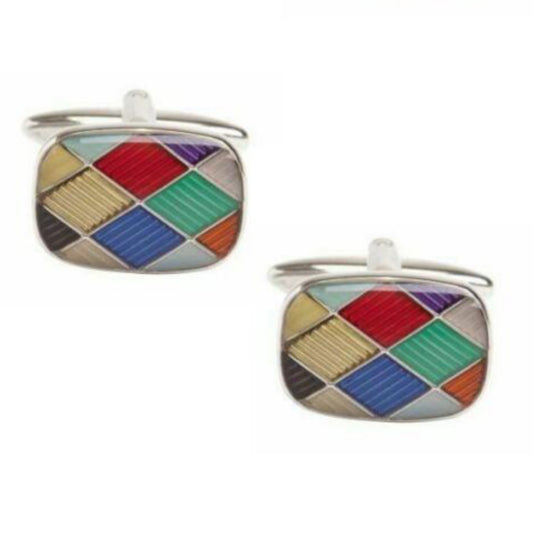 Harlequin Enamel Rhodium Plate Cufflinks - HK Jewels