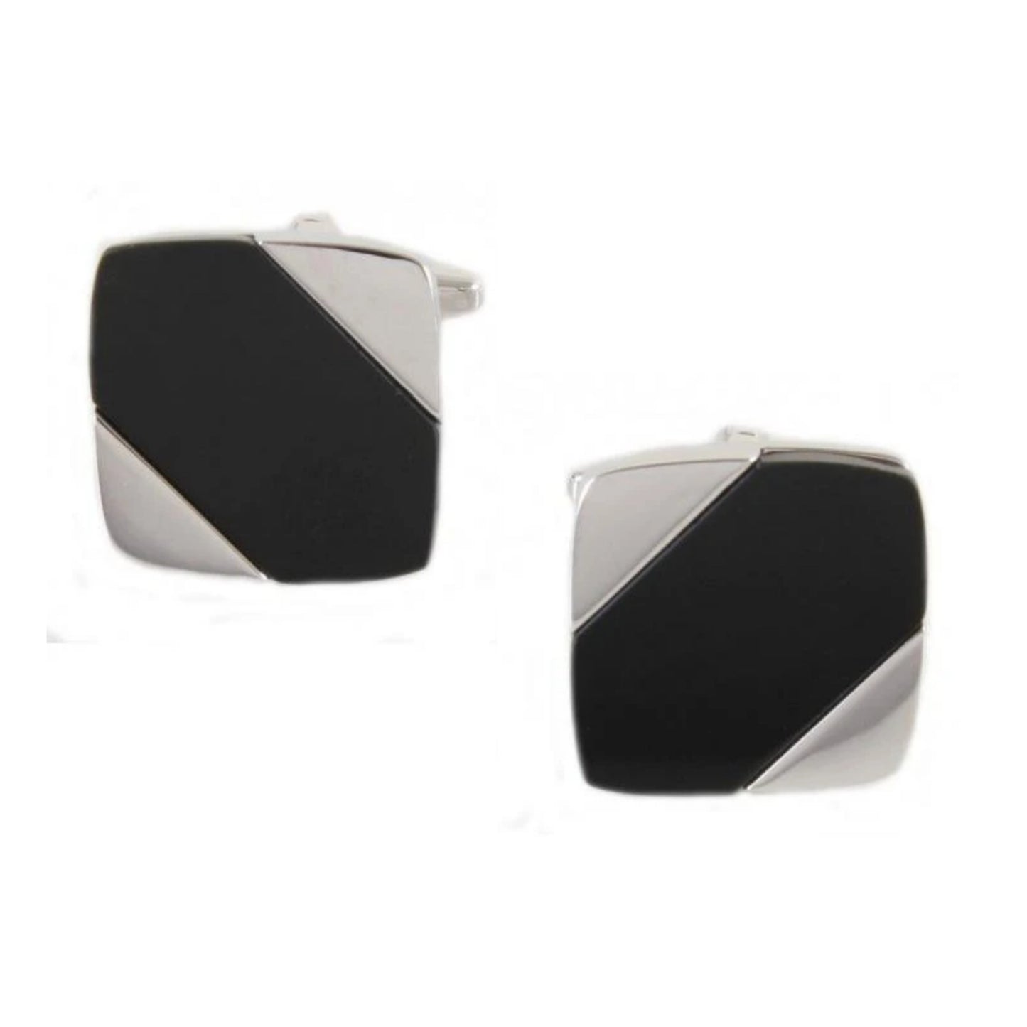 Rhodium Plated Black Onyx Diagonal Cufflinks - HK Jewels