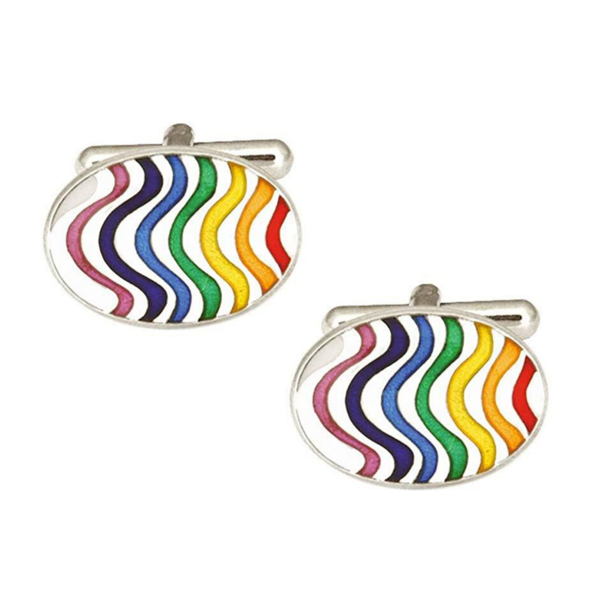 Rhodium Plated Rainbow Wave Oval Enamel Cufflink - HK Jewels