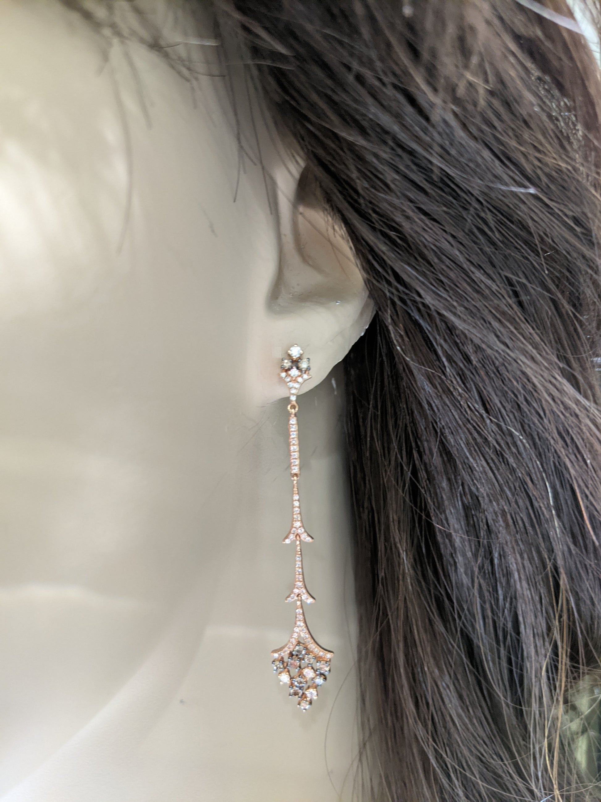 14K Rose Gold And Diamond Three Tier Earrings - HK Jewels