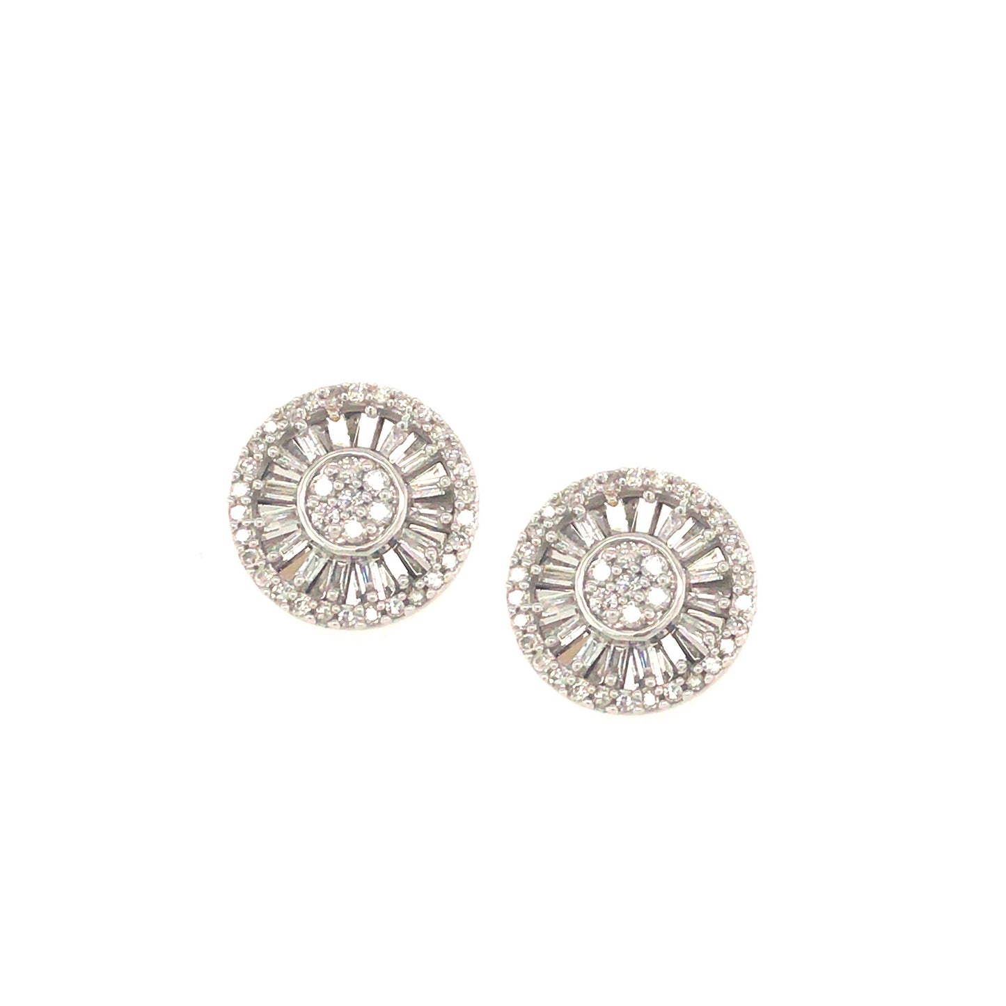 10K Round Shaped Micropave and Baguette Diamond Stud - HK Jewels