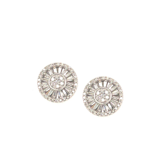 10K Round Shaped Micropave and Baguette Diamond Stud - HK Jewels