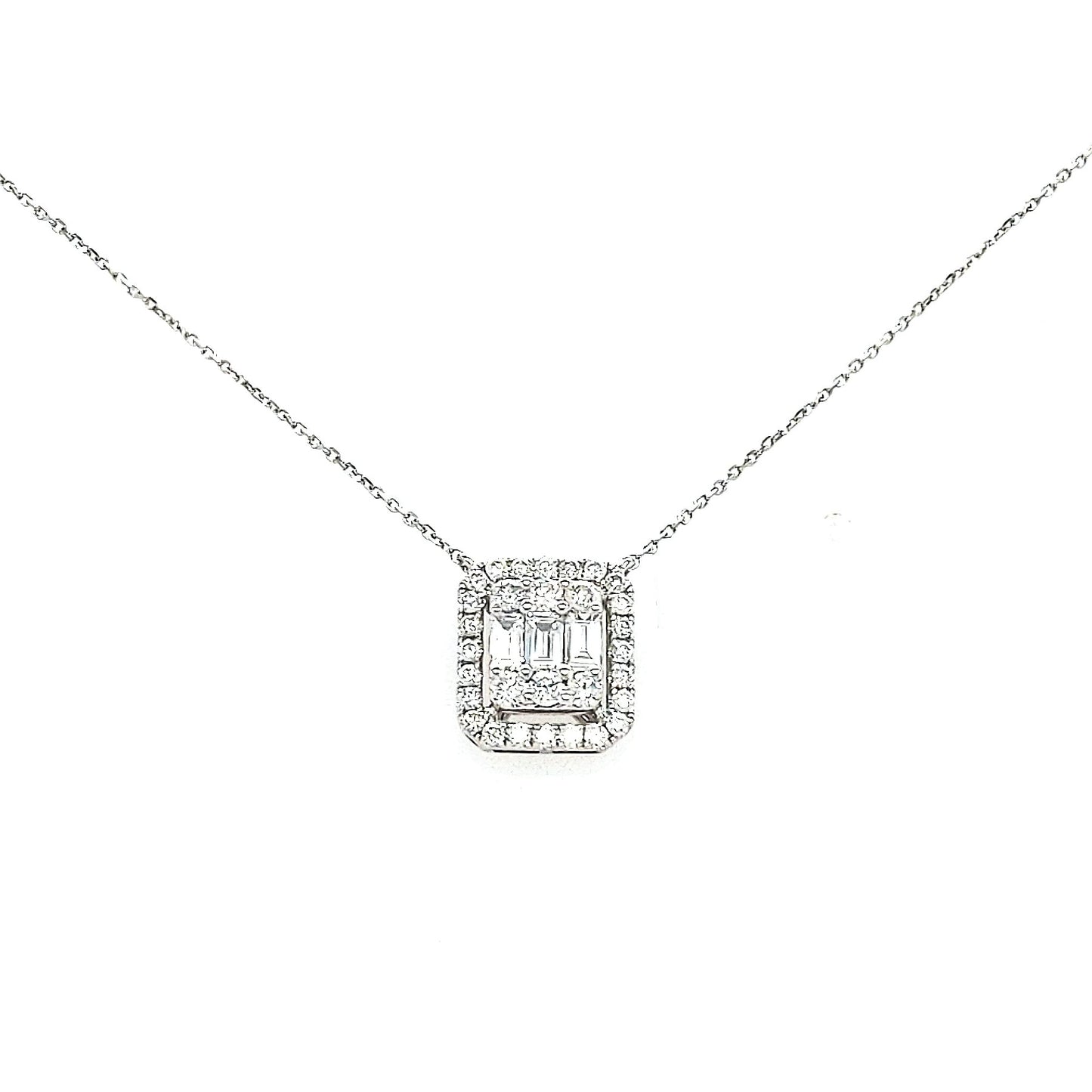 18K Gold And Diamond Rectangular Framed Baguettes Solitaire Necklace - HK Jewels