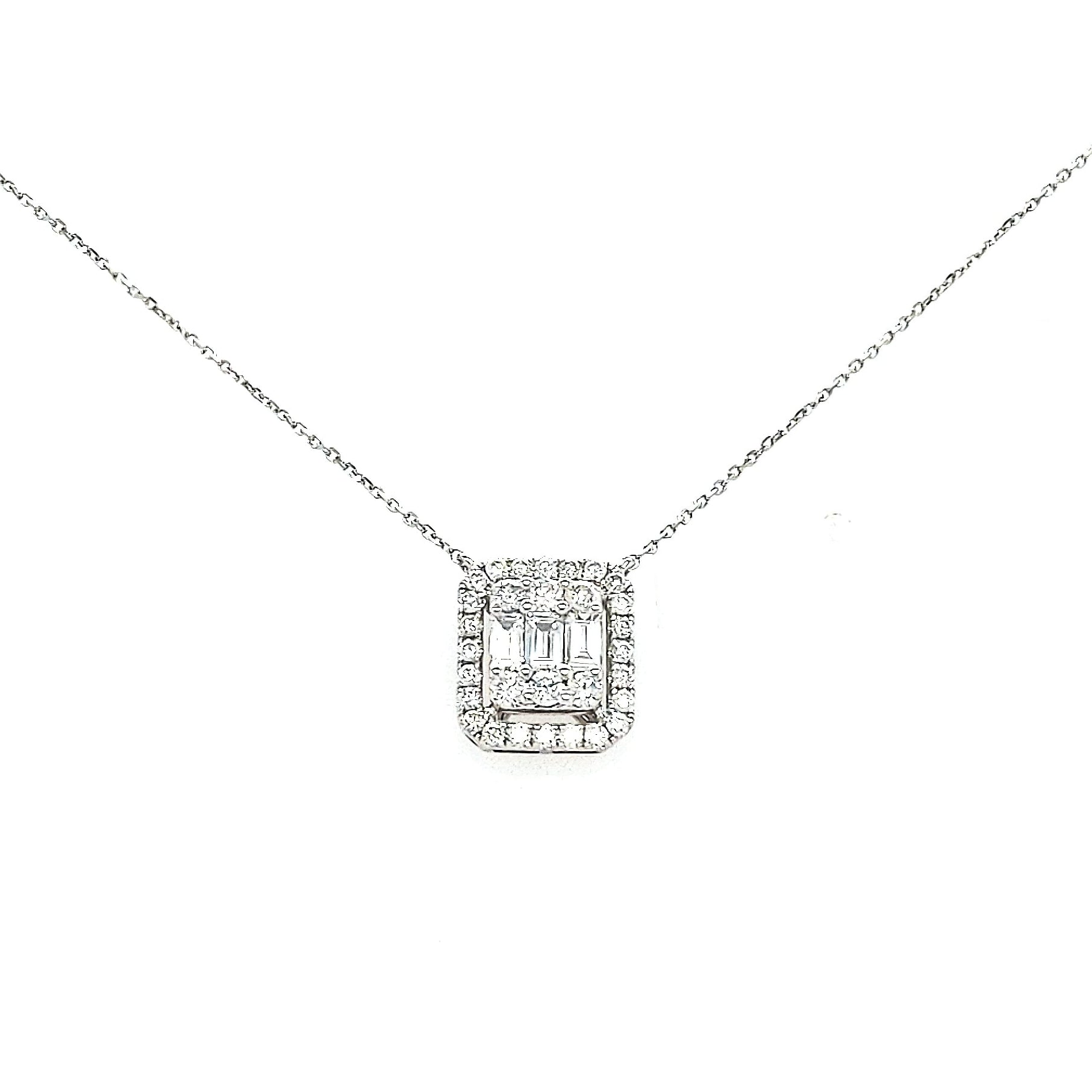 18K Gold And Diamond Rectangular Framed Baguettes Solitaire Necklace - HK Jewels