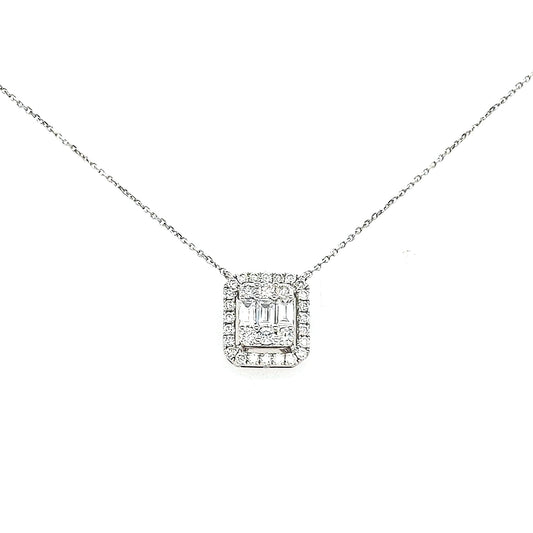 18K Gold And Diamond Rectangular Framed Baguettes Solitaire Necklace - HK Jewels