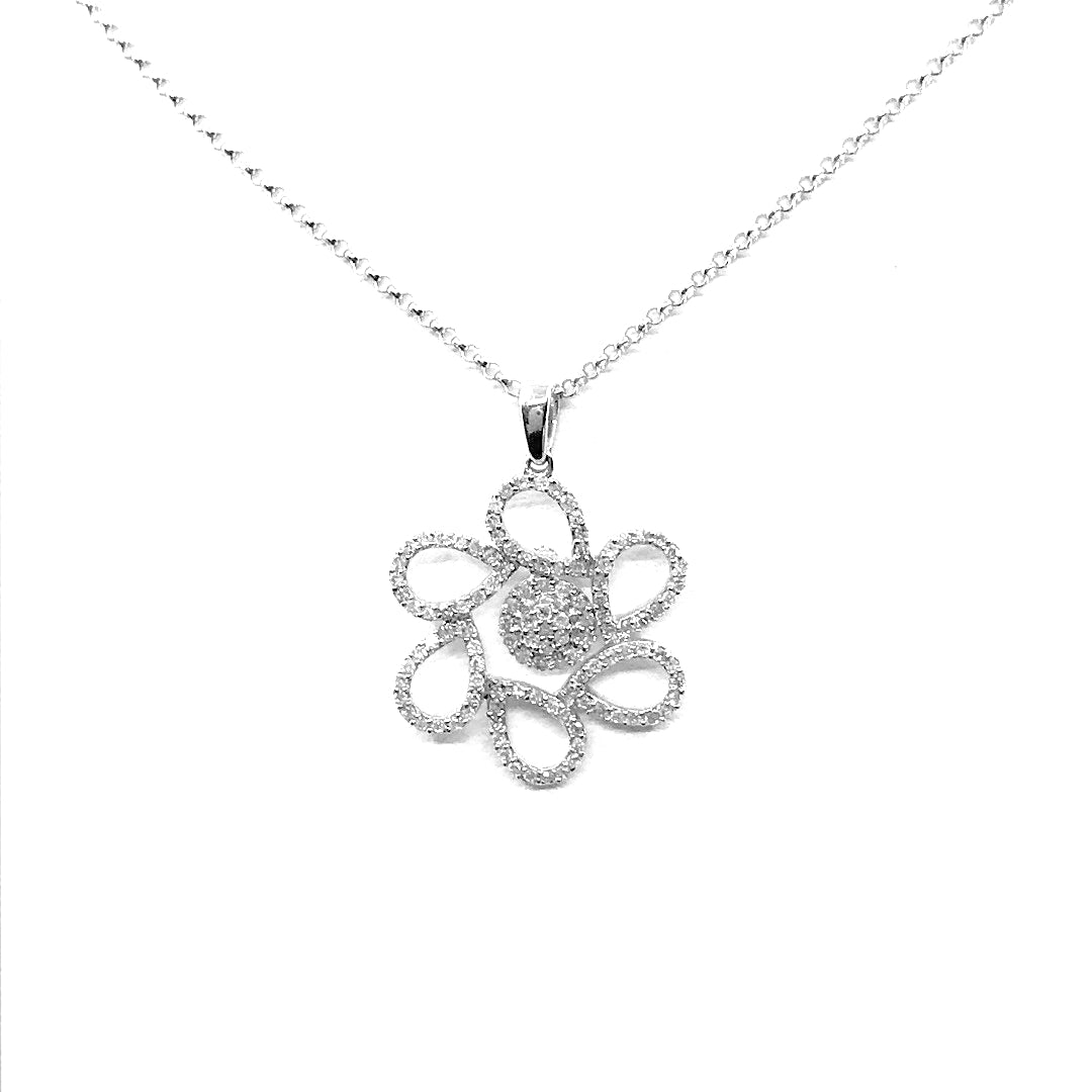 14K White Gold and Diamond Flower Pendant Necklace - HK Jewels