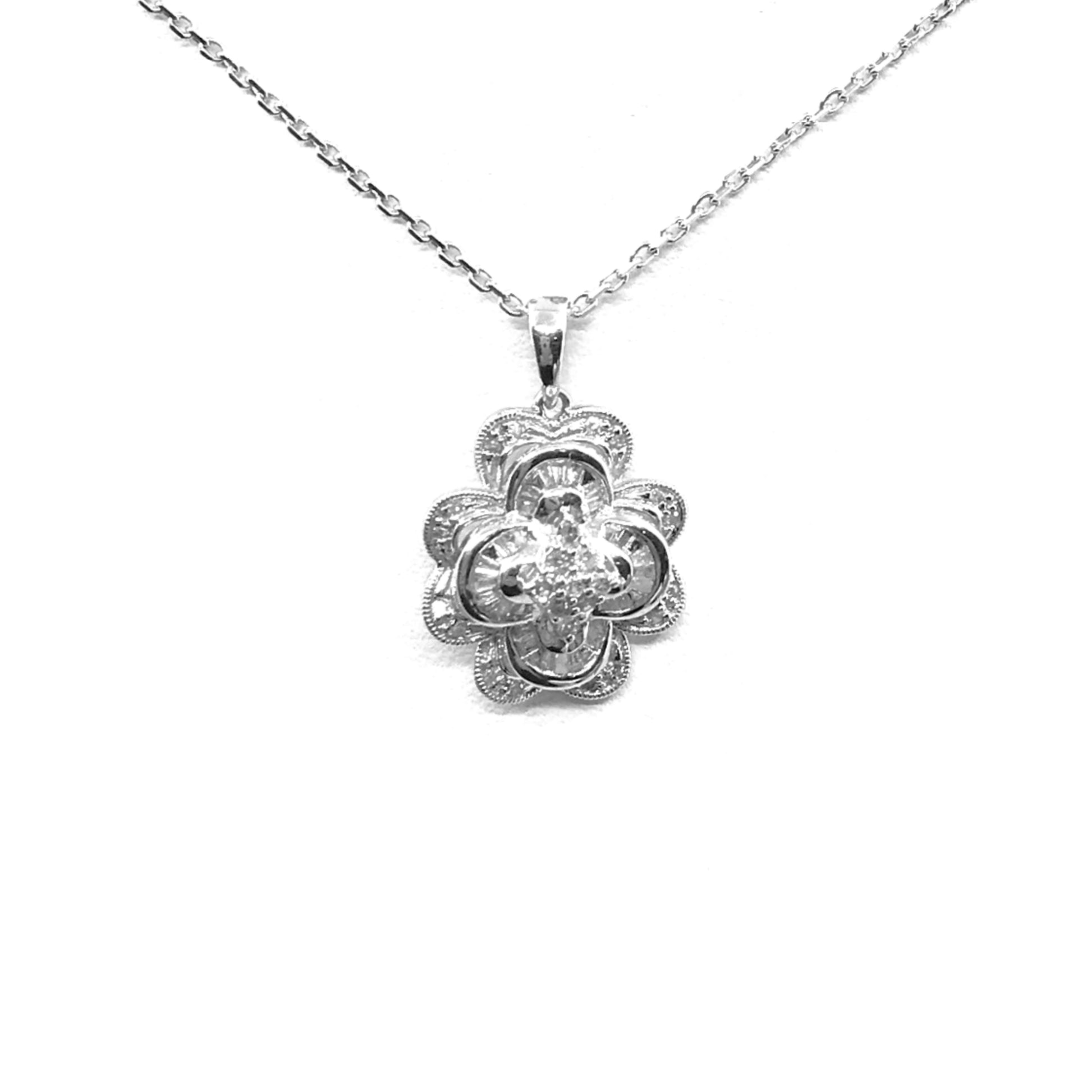 14K White Gold and Diamond Flower Pendant Necklace - HK Jewels