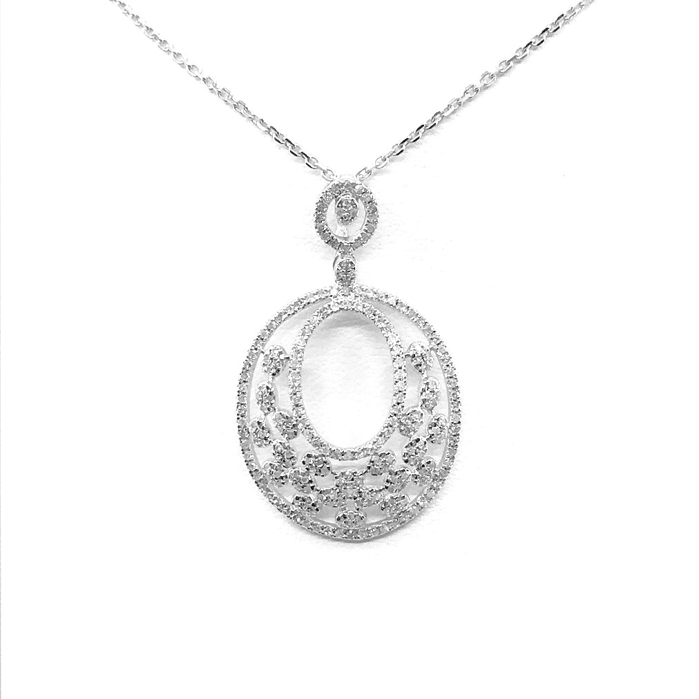 14K White Gold and Diamond Oval Pendant Necklace - HK Jewels