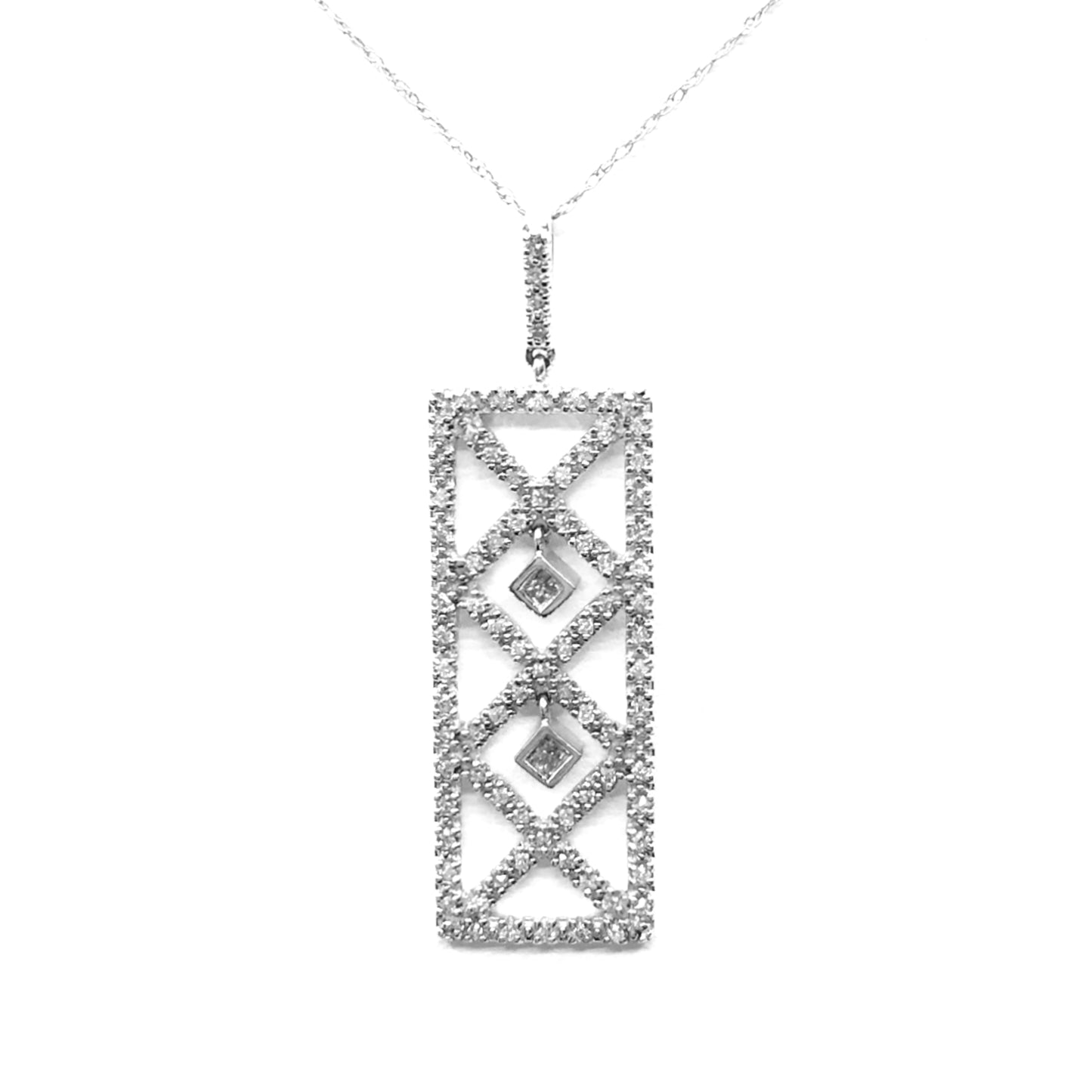 14K White Gold and Diamond Rectangle Pendant Necklace - HK Jewels