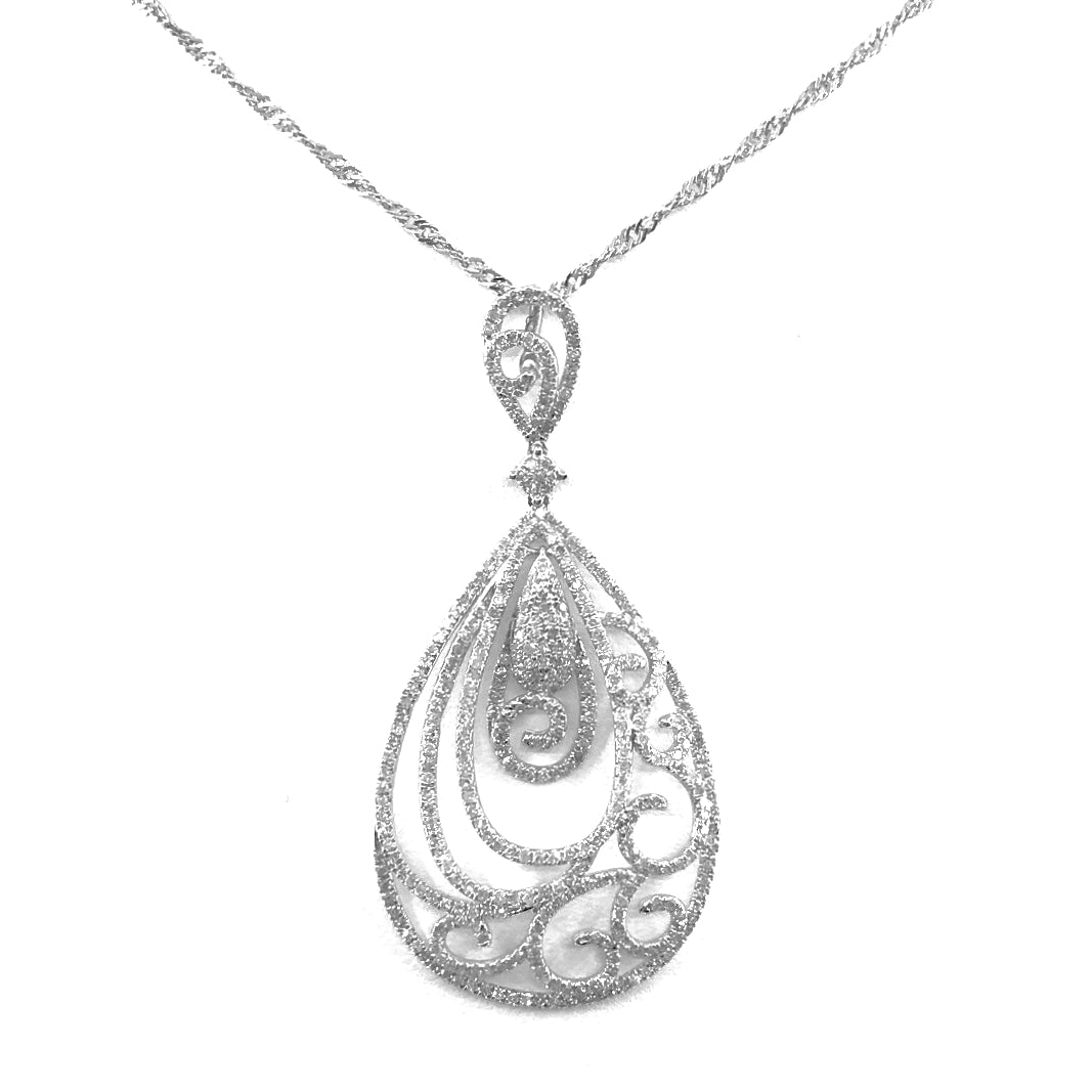 14K White Gold and Diamond Teardrop Pendant Necklace - HK Jewels
