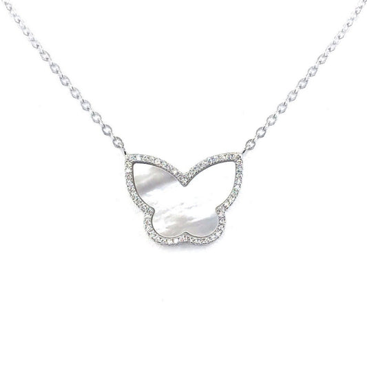 Sterling Silver Mother of Pearl Butterfly Necklace With CZ Border - HK Jewels