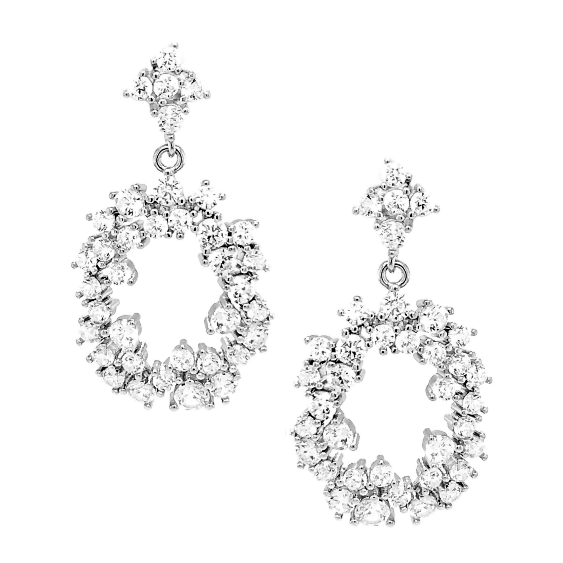 Rhodium Plated Sterling Silver, Open Center White CZ Post Earrings - HK Jewels