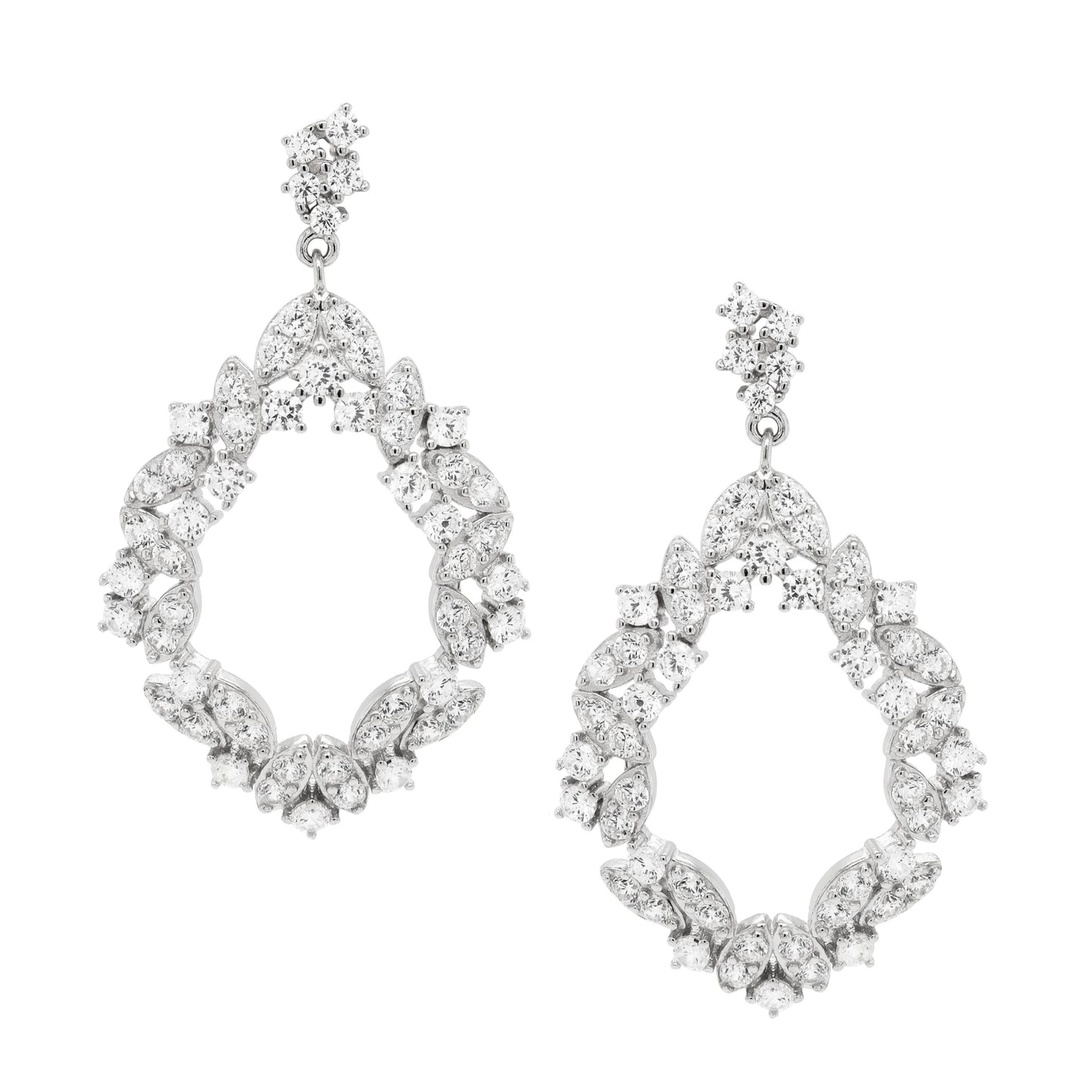 Rhodium Plated Sterling Silver, White CZ Leaf Design Post Earrings - HK Jewels