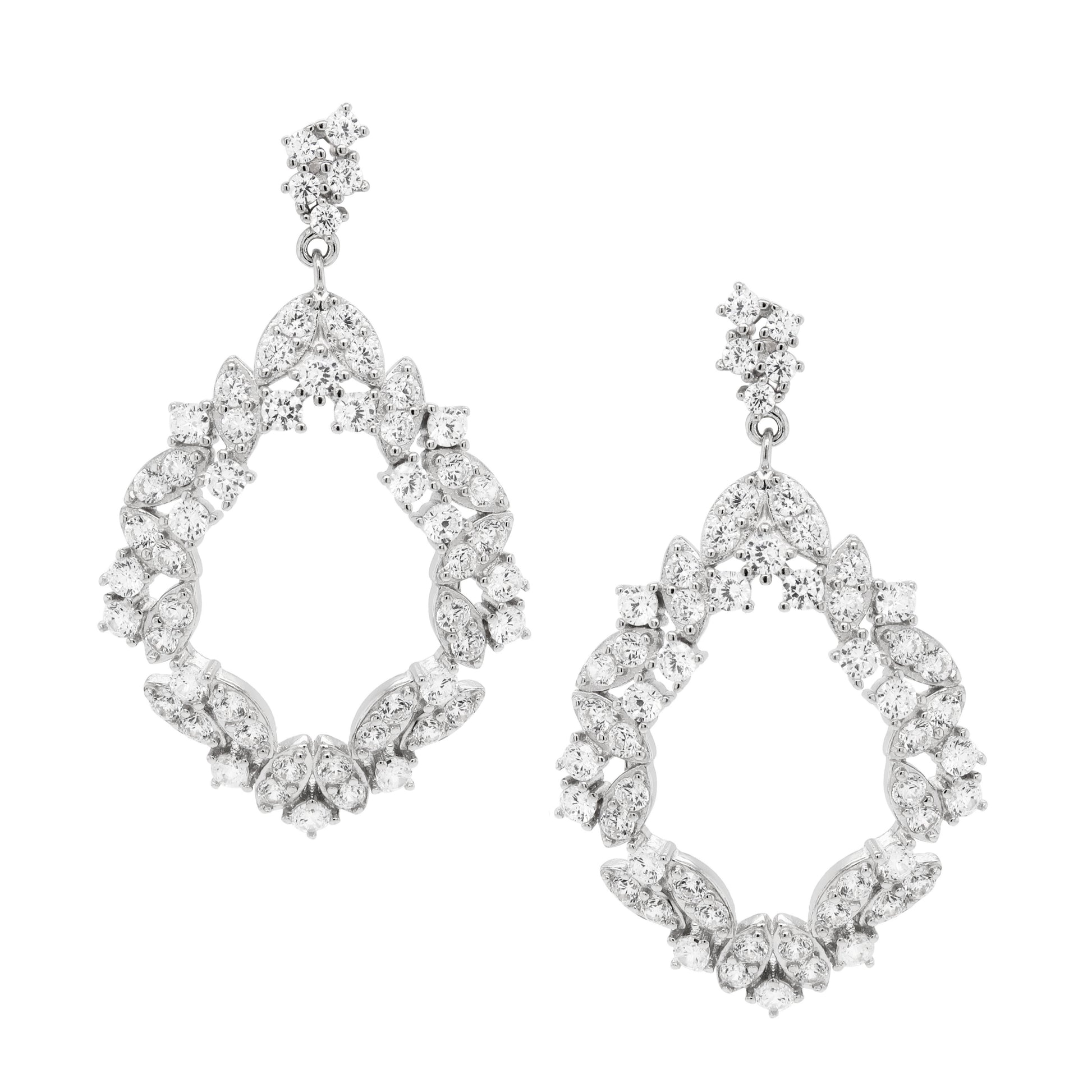 Rhodium Plated Sterling Silver, White CZ Leaf Design Post Earrings - HK Jewels