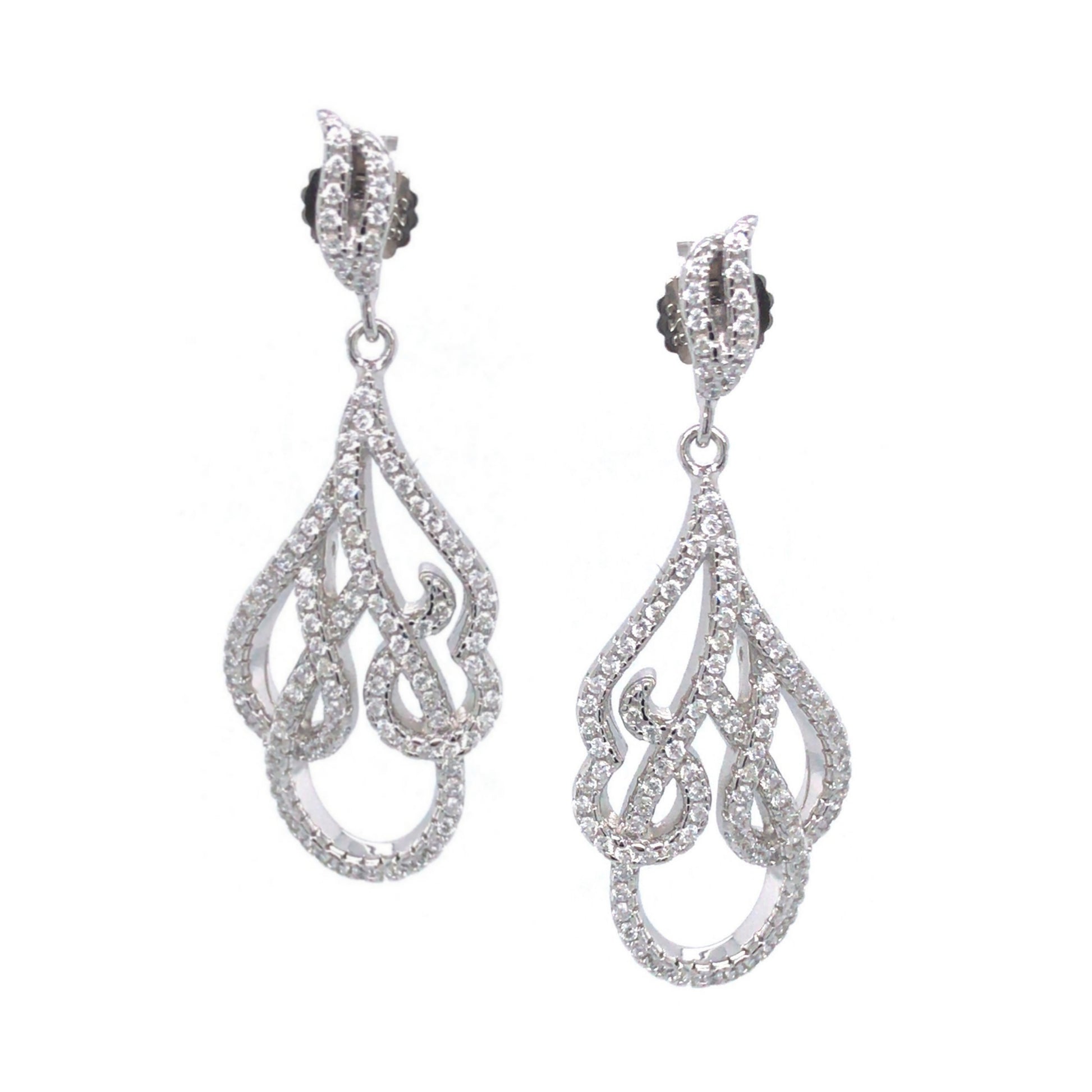 Sterling Silver CZ Wavy Hanging Earrings - HK Jewels
