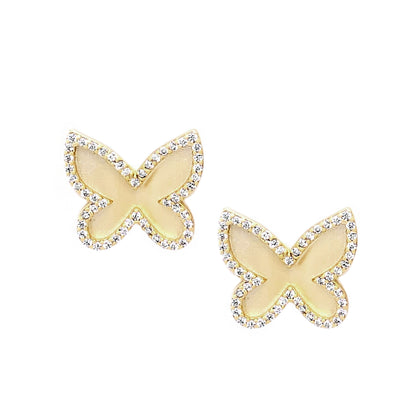 Matte Gold Butterfly With White CZ Border, Gold Plated Sterling Silver Post Stud Earrings - HK Jewels
