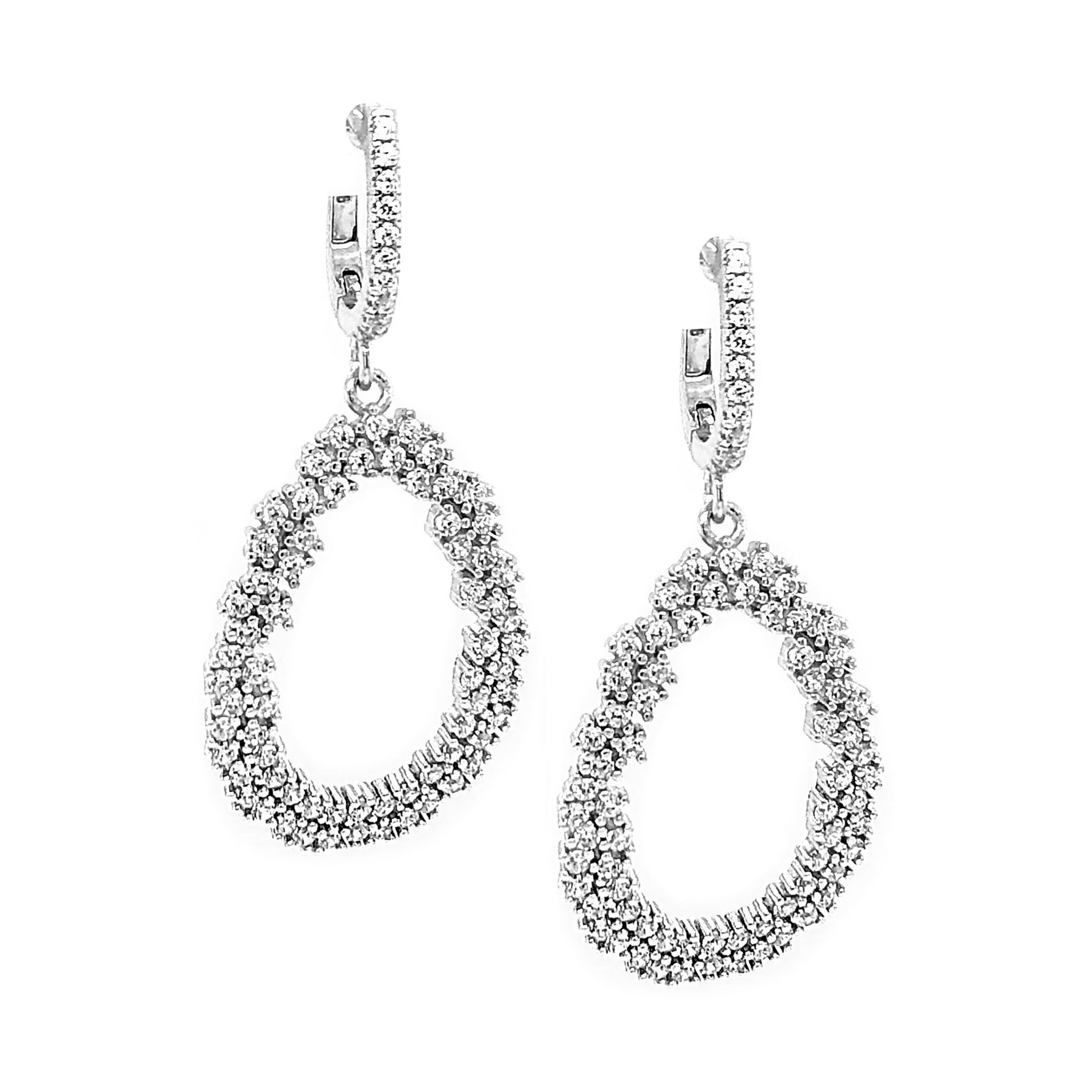 Rhodium Plated Sterling Silver, White CZ Open Teardrop hoop Earrings - HK Jewels