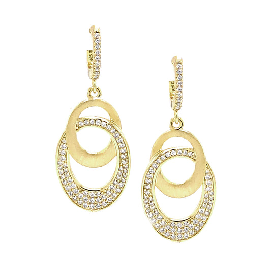 Matte Gold Plated Sterling Silver, White CZ Interlocking Open Ovals Lever Back Earrings - HK Jewels