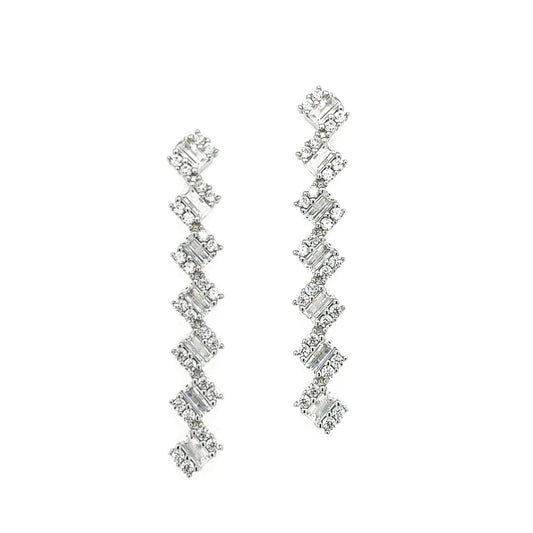 Sterling Silver Long Straight CZ Baguette Earrings - HK Jewels