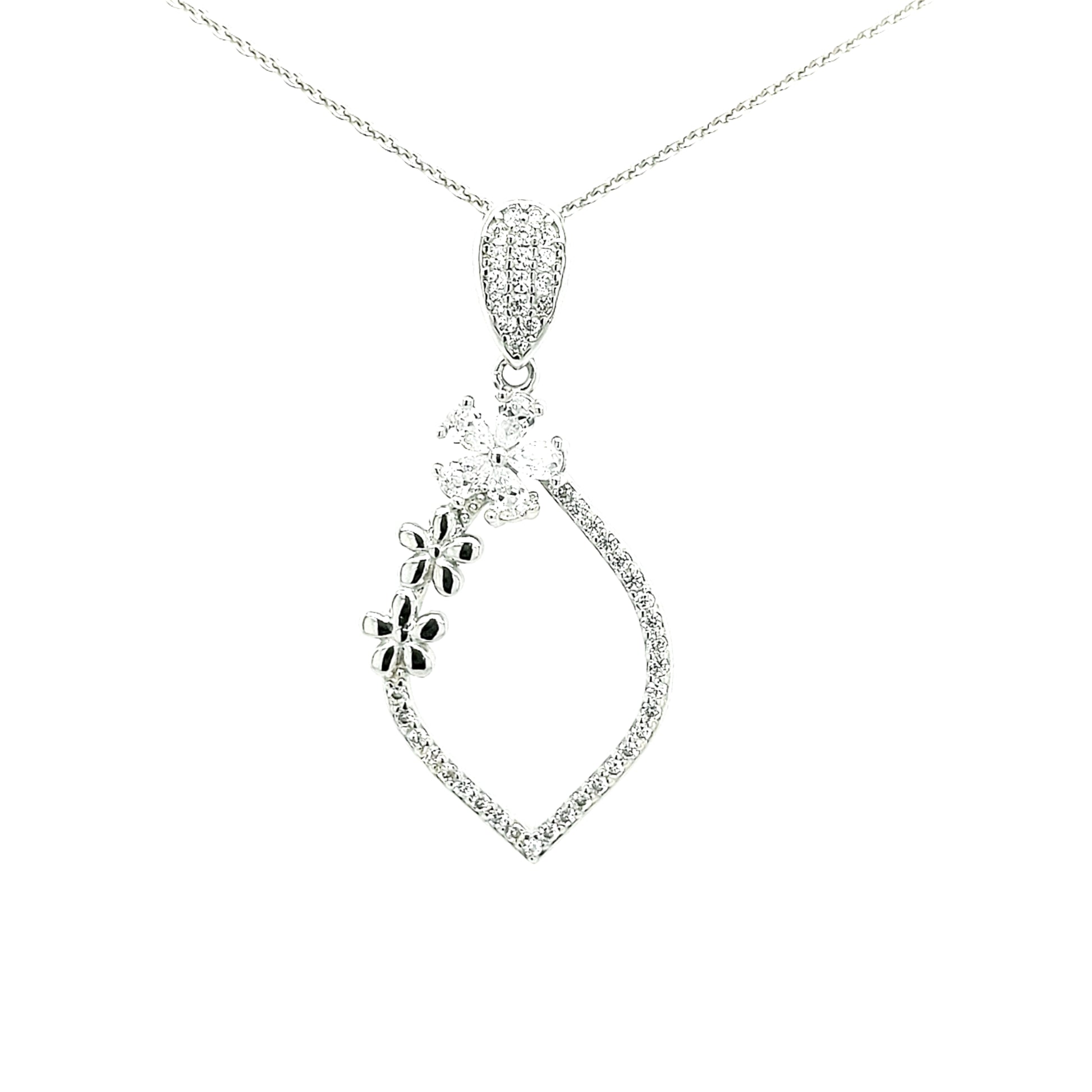 Sterling Silver Teardrop With Flowers CZ Pendant - HK Jewels