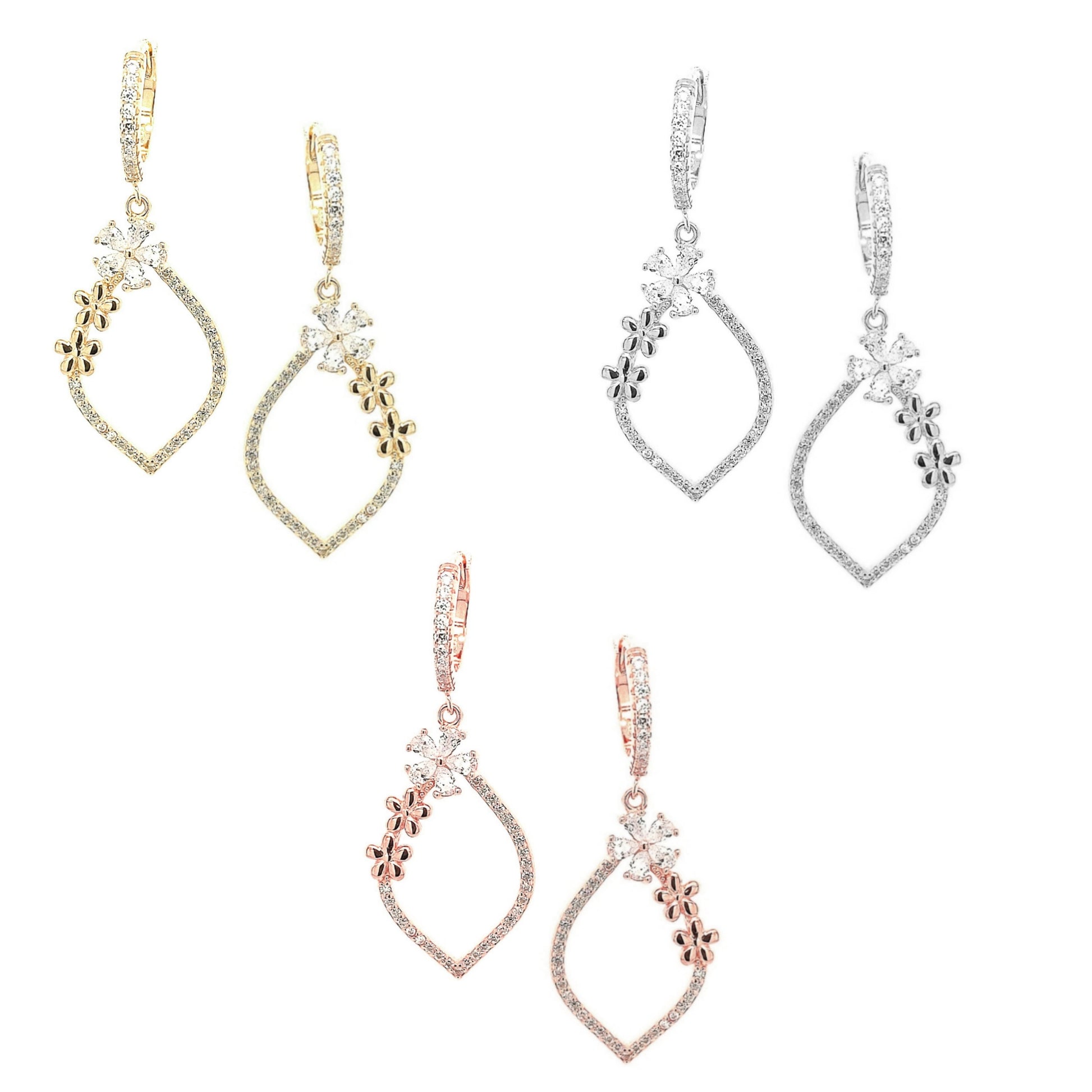 Sterling Silver Teardrop With Flowers CZ Earrings - HK Jewels
