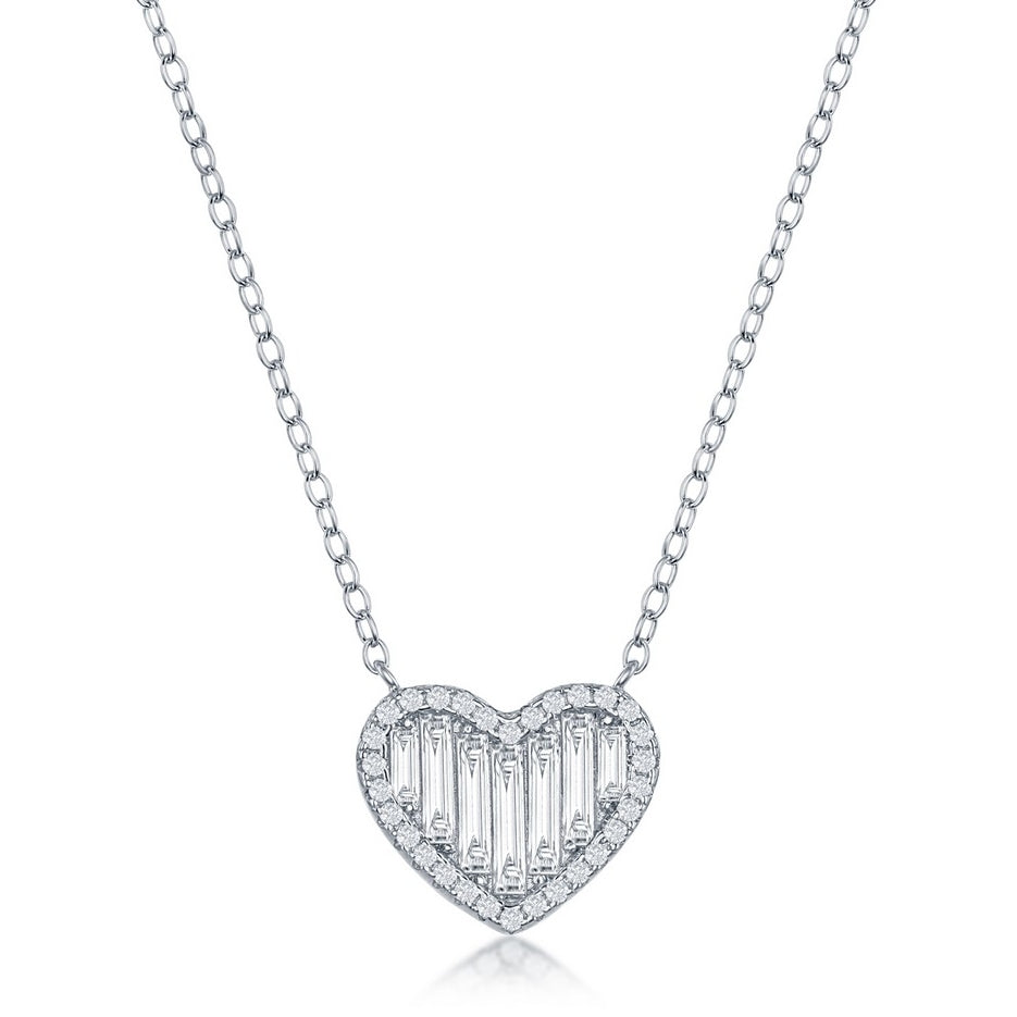 Sterling Silver Round and Baguette CZ Heart Pendant Necklace - HK Jewels