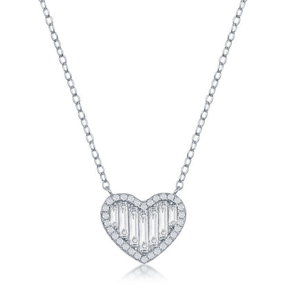 Sterling Silver Round and Baguette CZ Heart Pendant Necklace - HK Jewels