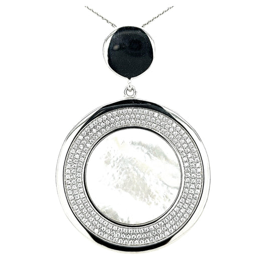 Sterling Silver Large Mother of Pearl Circle CZ Pendant - HK Jewels