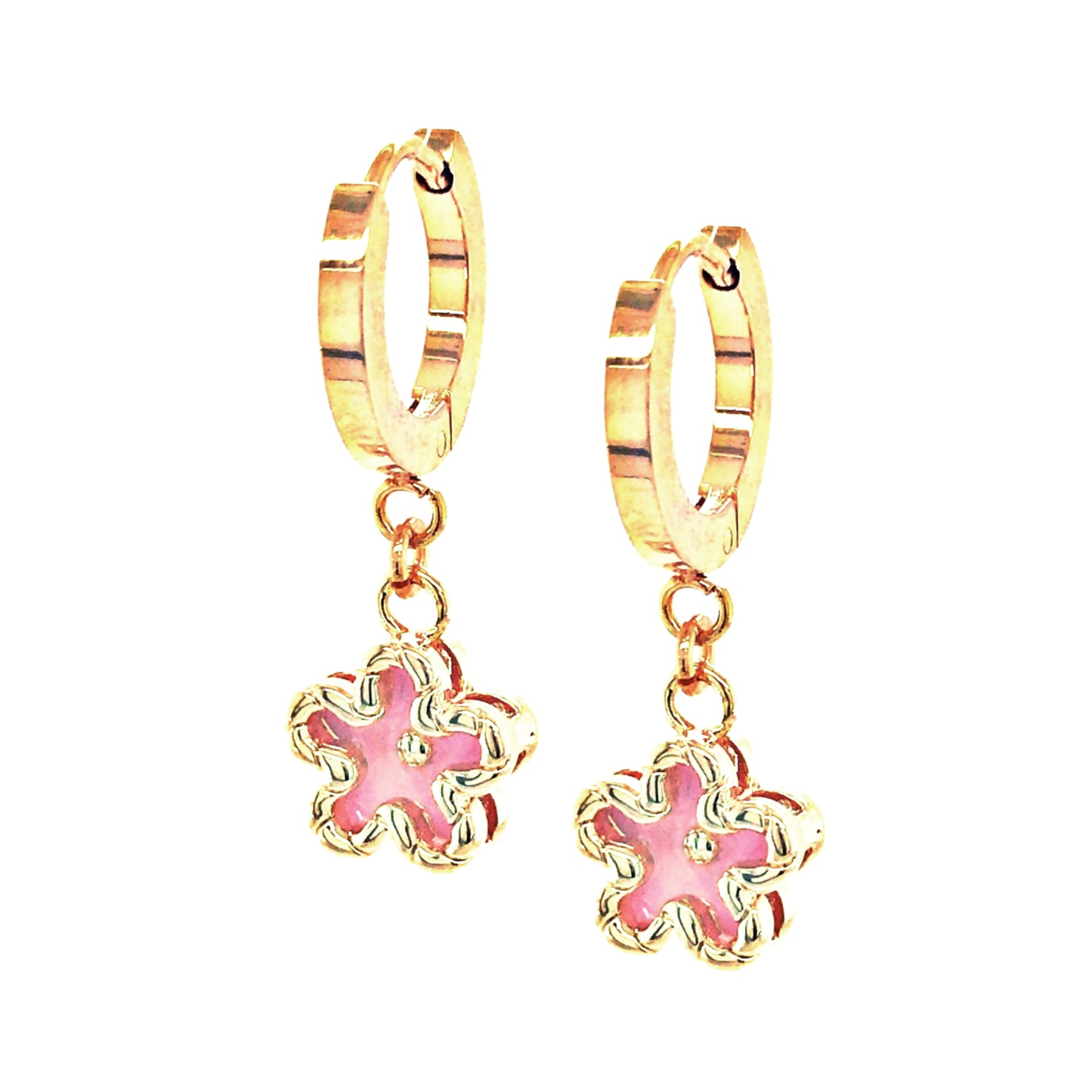 Medium Gold Frame Pink Enamel Flower Earring - HK Jewels