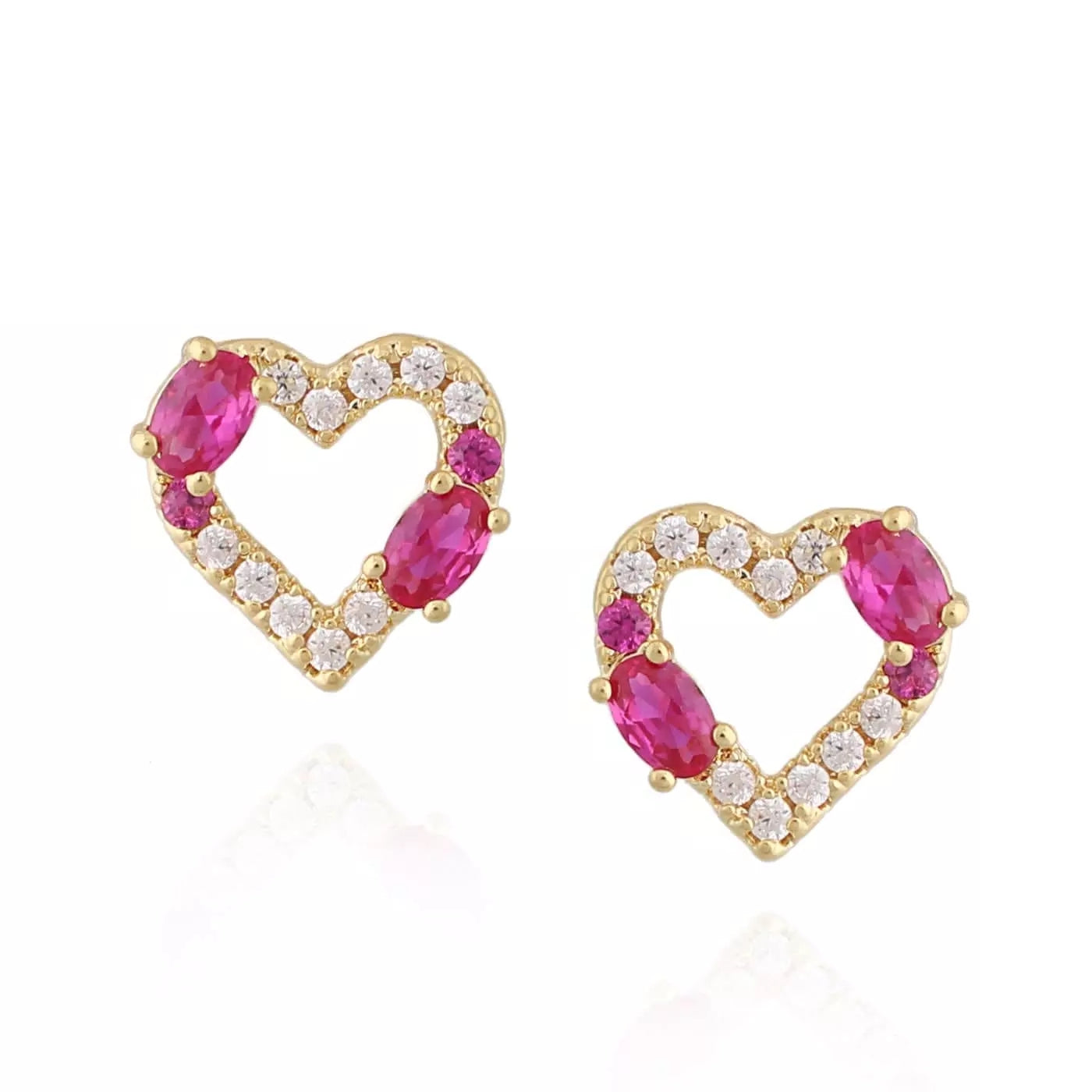 Double Stone Outlined Fuchsia Heart Stud Earring - HK Jewels