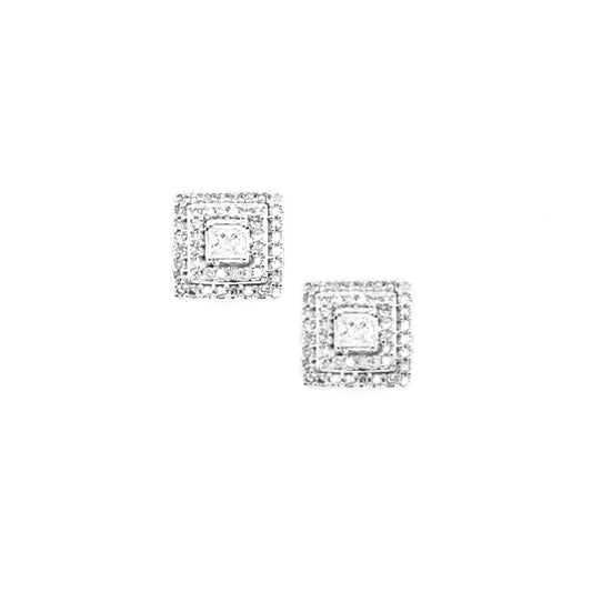 14K Gold And Diamond Center Stone and 2-Tier Square Framed Stud Earring - HK Jewels