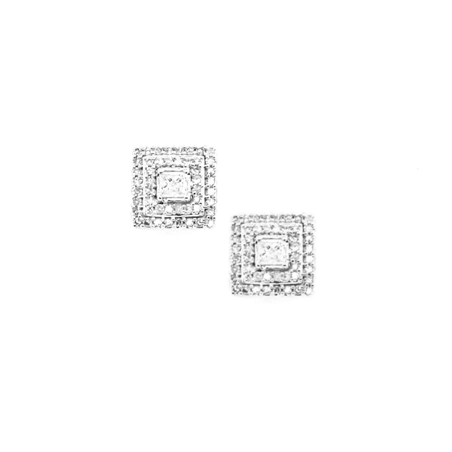 14K Gold And Diamond Center Stone and 2-Tier Square Framed Stud Earring - HK Jewels