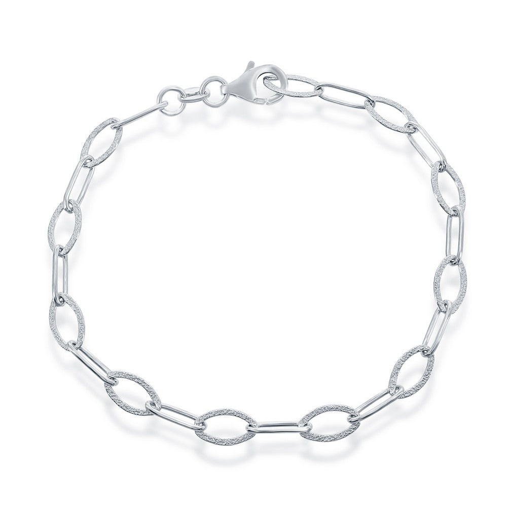 Sterling Silver Alternating Shiny & Sand Blasted Ovals Charm Bracelet - HK Jewels