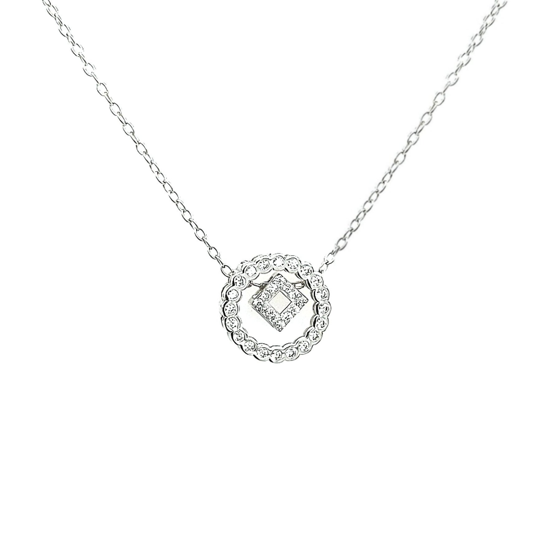 Sterling Silver CZ Square in Circle Necklace - HK Jewels