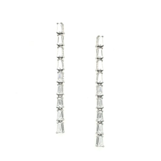 Sterling Silver Long Thin Row CZ  Baguette Earrings - HK Jewels