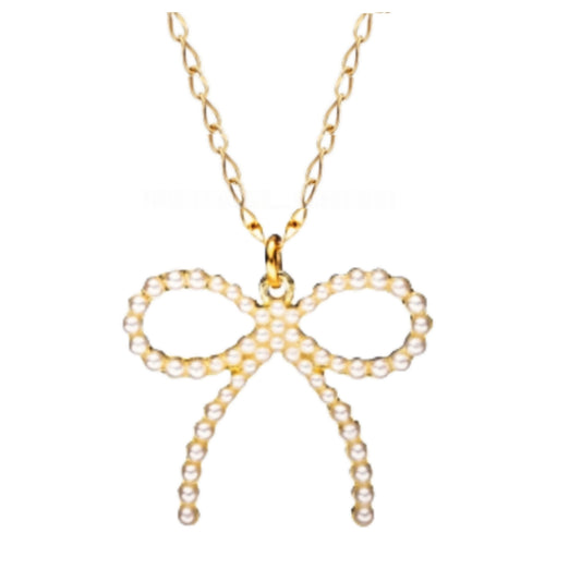 Gold Plated Pearl Bow Necklace - HK Jewels