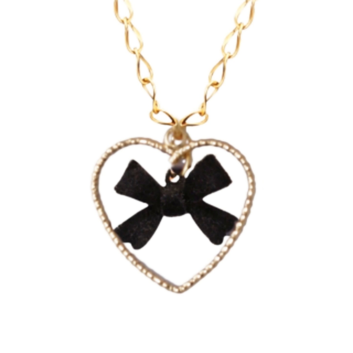 Gold Plated Medium Open Heart With Velvet Black Bow Necklace - HK Jewels