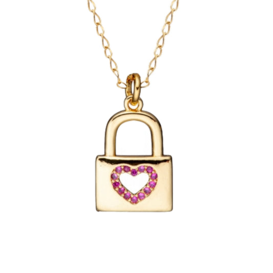 Gold Plated Small Lock With Open Center Ruby CZ Heart Necklace - HK Jewels