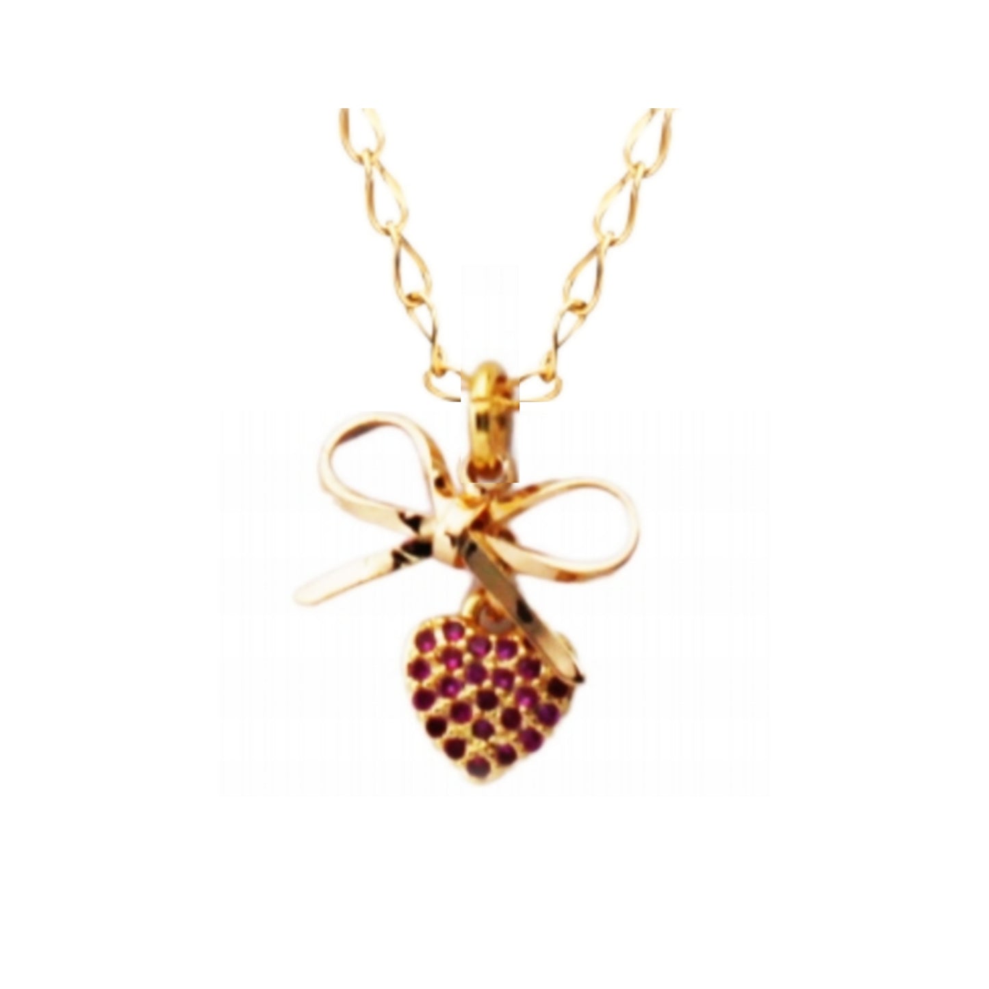 Gold Plated Bow With Small Puffy Fuchsia CZ Heart Necklace - HK Jewels