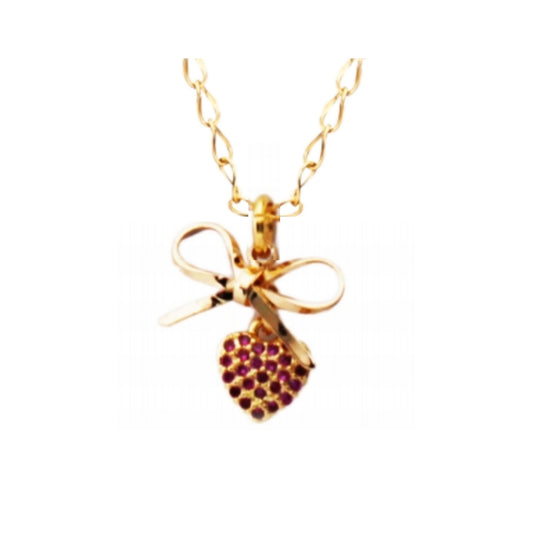 Gold Plated Bow With Small Puffy Fuchsia CZ Heart Necklace - HK Jewels