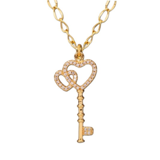 Gold Plated Double Heart CZ Key Necklace - HK Jewels