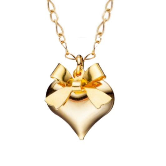 Gold Plated Large Shiny Puffy Heart With Bow Necklace - HK Jewels
