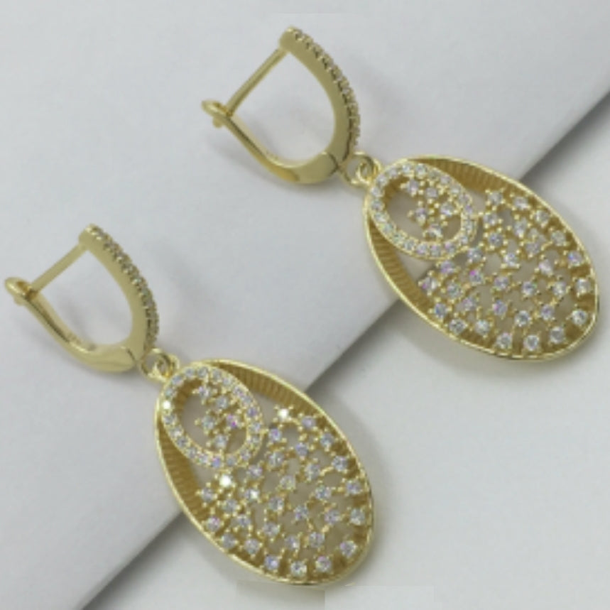 Sterling Silver Gold Plated Oval With CZ's Earring - HK Jewels