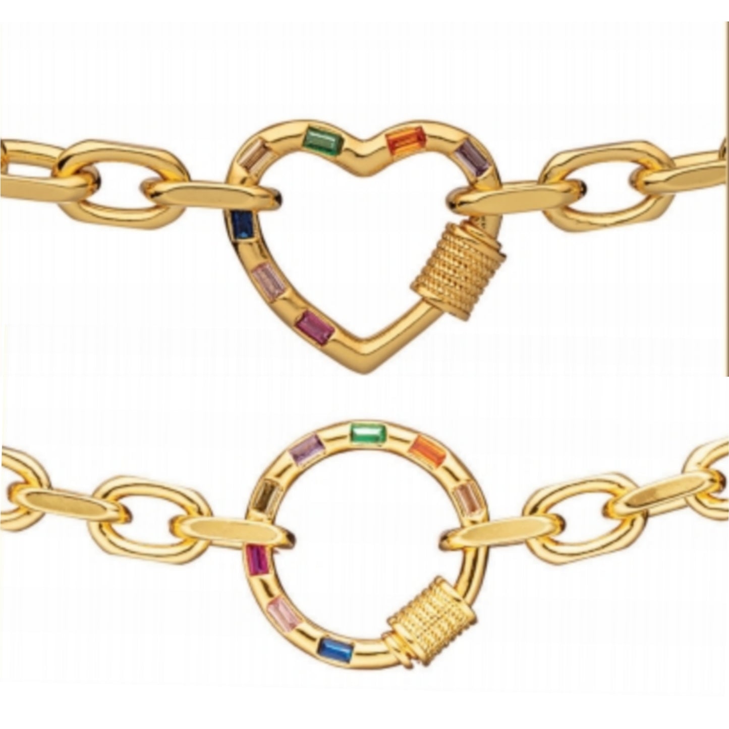 Gold Plated Oval Link With Colorful CZ Center Bracelet - HK Jewels