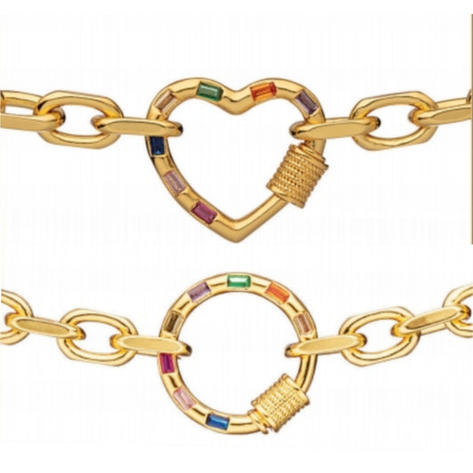 Gold Plated Oval Link With Colorful CZ Center Bracelet - HK Jewels