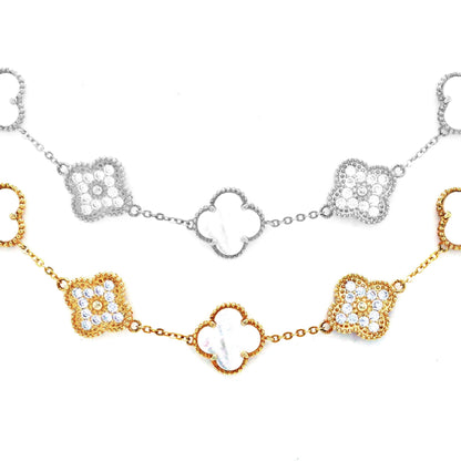 Sterling Silver Gold Plated Mother Of Pearl and CZ Five Clover Bracelet - HK Jewels