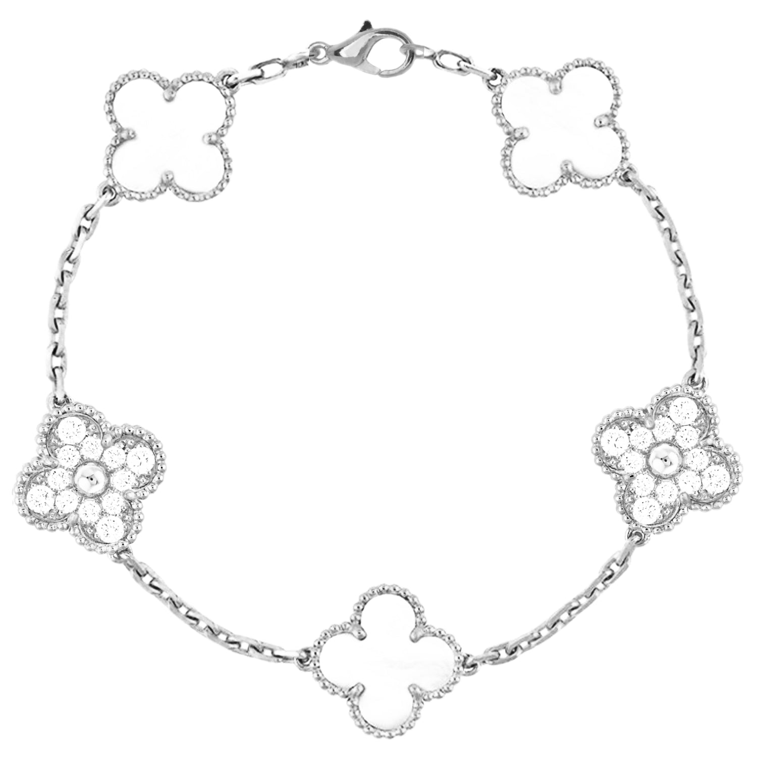 Sterling Silver Gold Plated Mother Of Pearl and CZ Five Clover Bracelet - HK Jewels