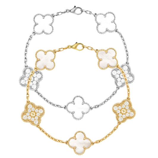 Sterling Silver Gold Plated Mother Of Pearl and CZ Five Clover Bracelet - HK Jewels