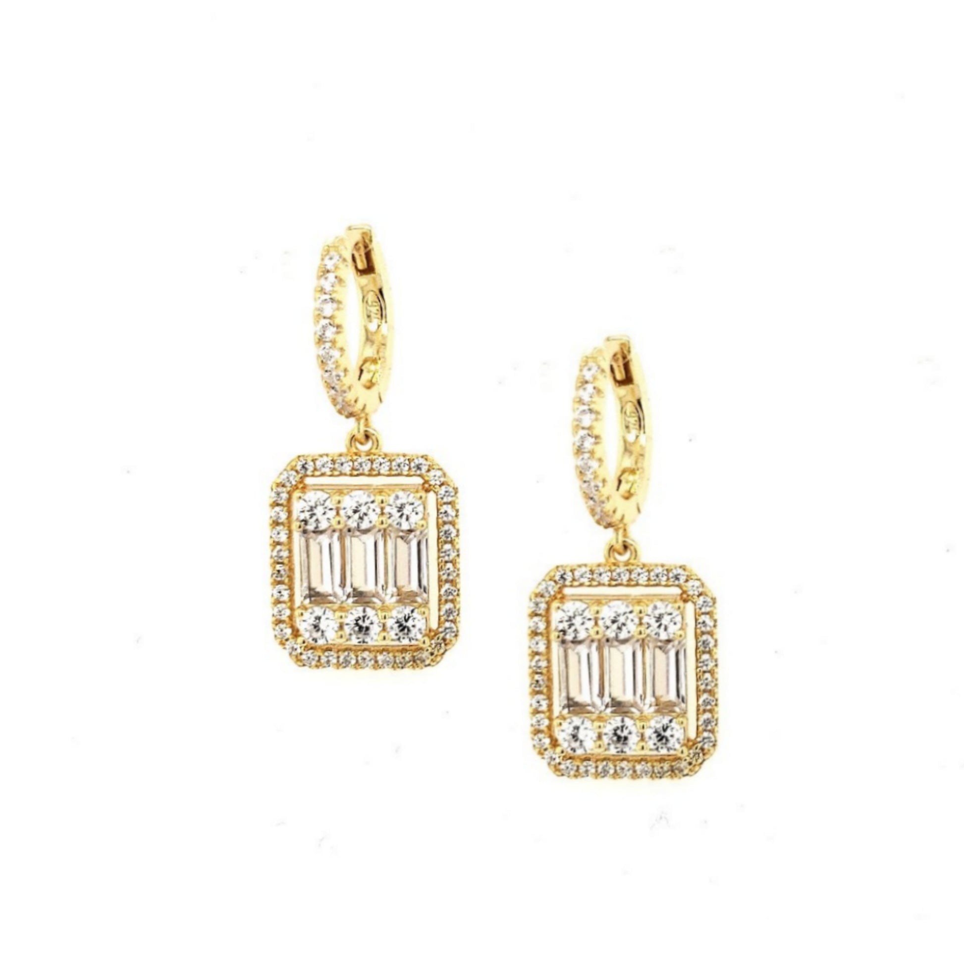 Sterling Silver Gold Plated Rectangular Framed Baguette Earrings - HK Jewels